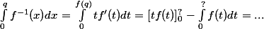\int_0^q f^{-1}(x)dx = \int_0^{f(q)}tf'(t)dt = [tf(t)]_0^? - \int_0^? f(t)dt = ...